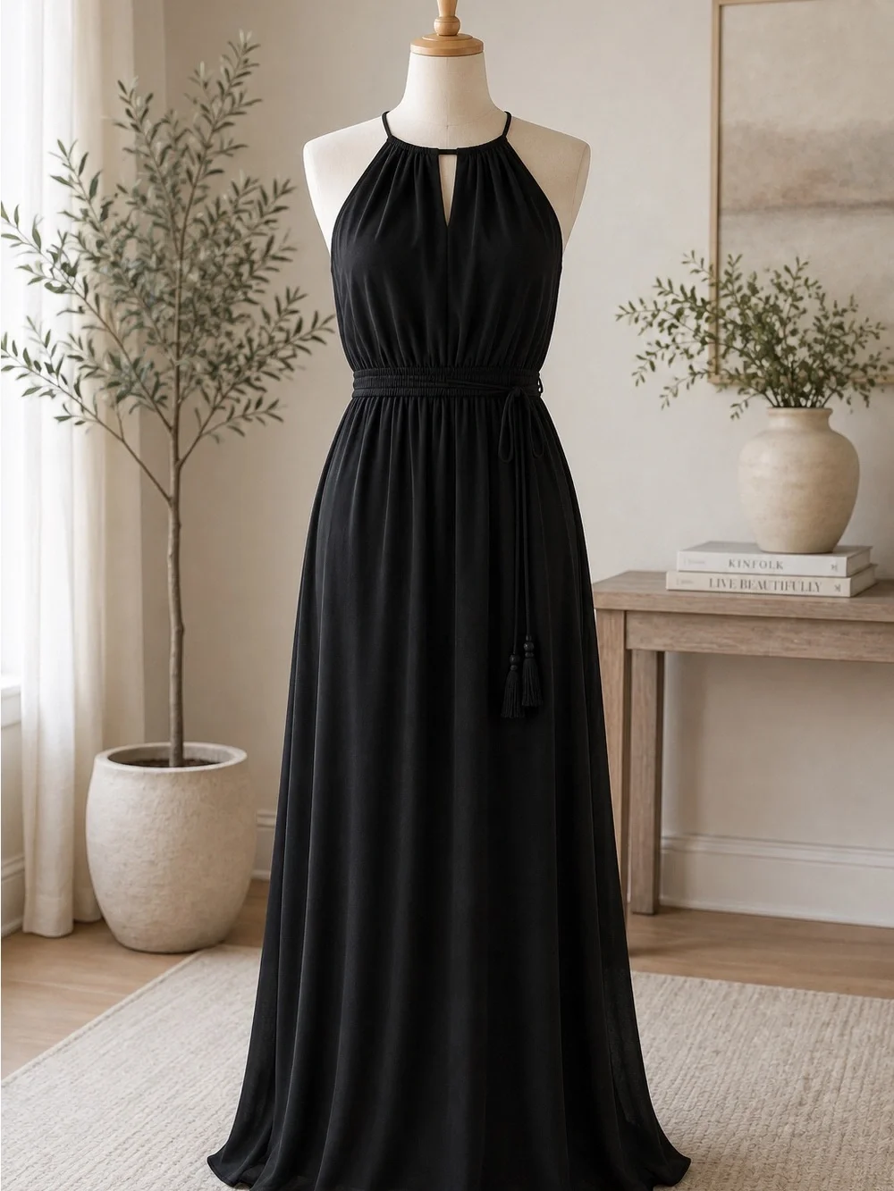 LOFT Black Halter Maxi Dress Tall Small Tassel Tie Elastic Waist Sleeveless